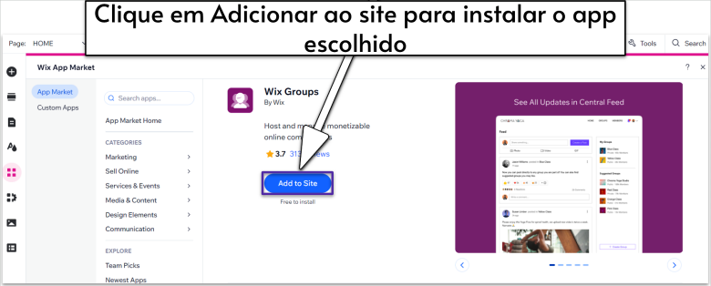 Click on Add to Site to install -pt