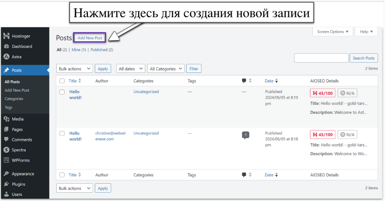 Adding a new post in WordPress