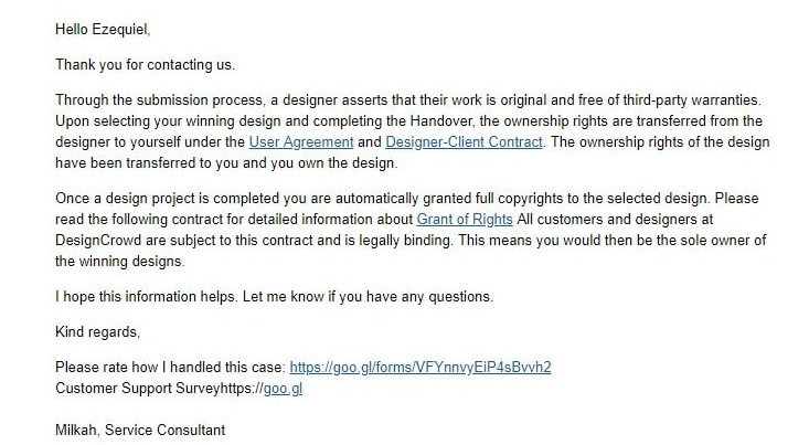 DesignCrowd email support response