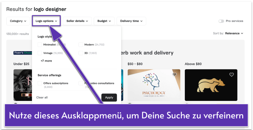 Fiverr's filtering options