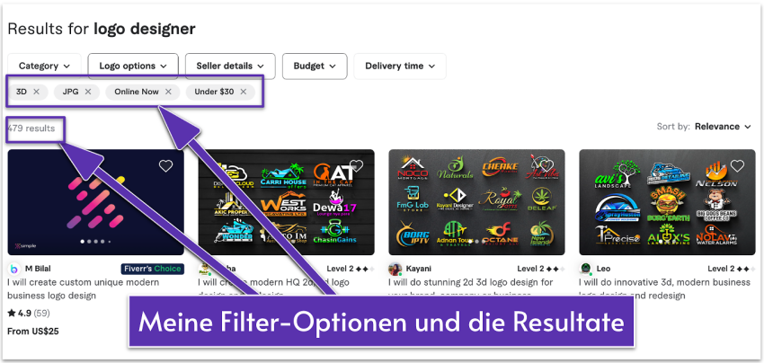 Fiverr's filters for finding sellers