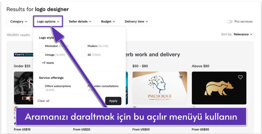 Fiverr's filtering options