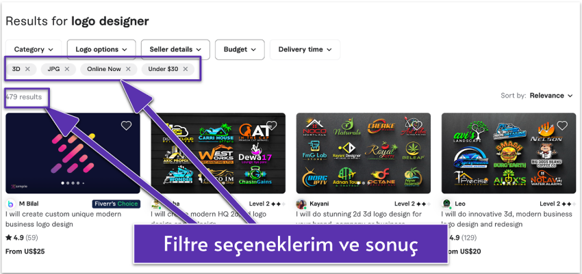 Fiverr's filters for finding sellers