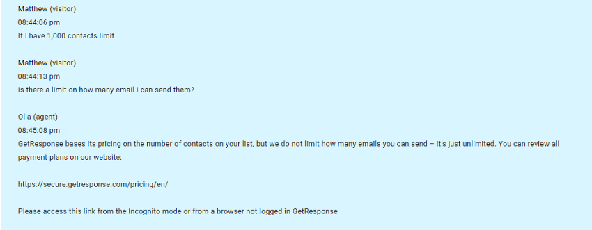 GetResponse live chat interaction about the limit on contacts and emails