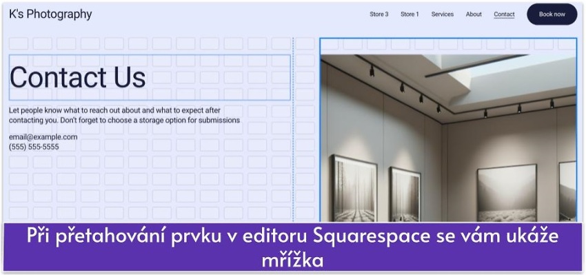 Při přetahování prvku v editoru Squarespace se vám ukáže mřížka