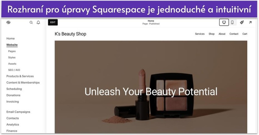 Rozhraní pro úpravy Squarespace je jednoduché a intuitivní