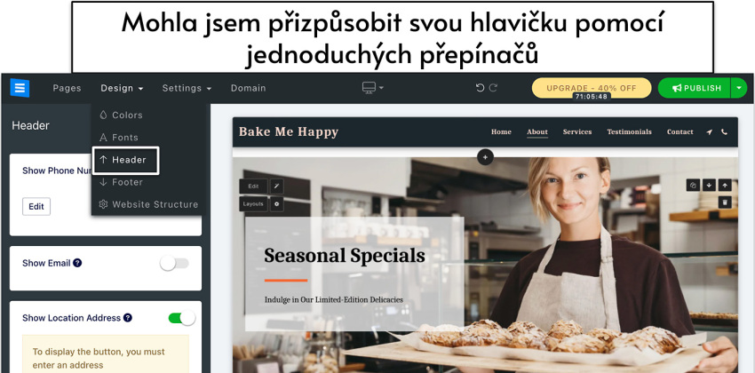 SITE123 editor hlavičky