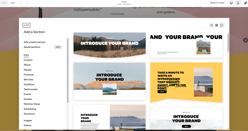A screenshot of Squarespace's content sections