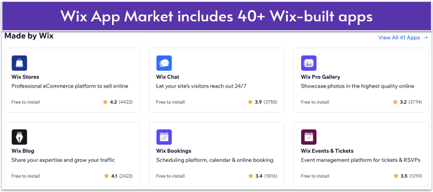 Wix's own apps arranged in a grid format.