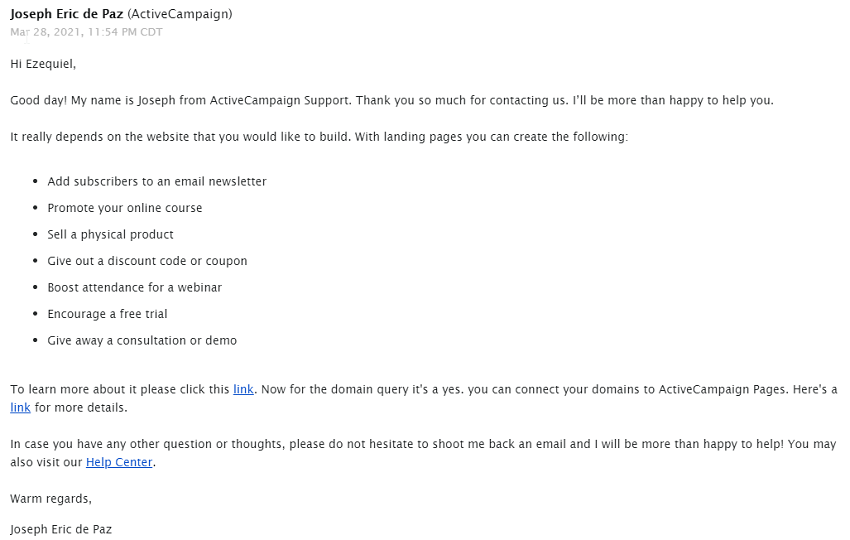 the email response from ActiveCampaign