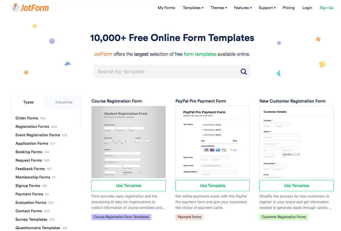 JotForm screenshot - Form templates
