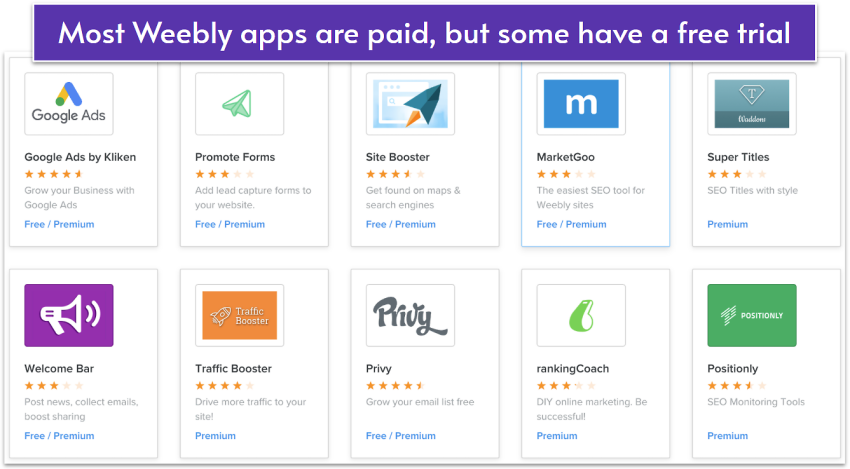 Weebly's App Center showing list of add-ons.