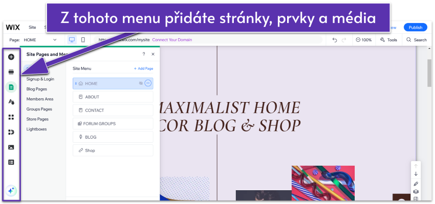 Wix editor's left sidebar containing customization options