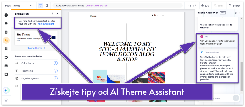 Designing a website using Wix AI Theme Assistant