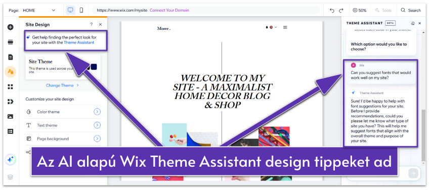 Designing a website using Wix AI Theme Assistant