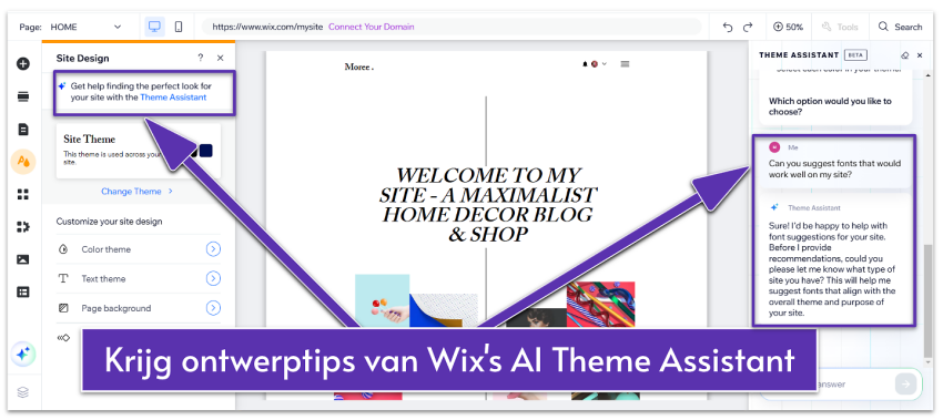 Designing a website using Wix AI Theme Assistant