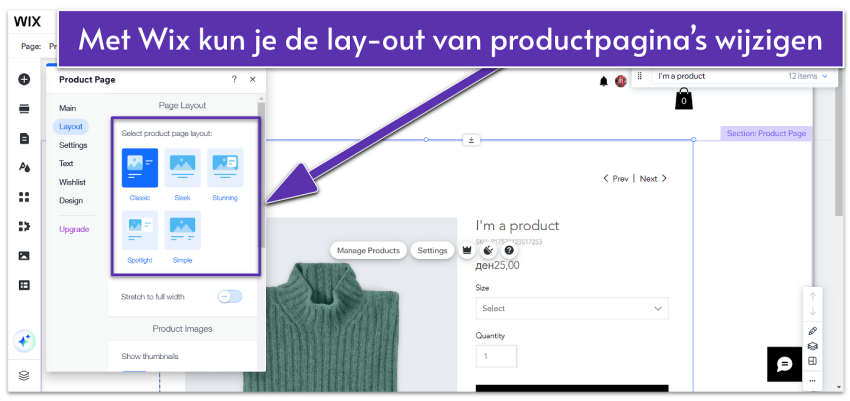 Wix product page layouts