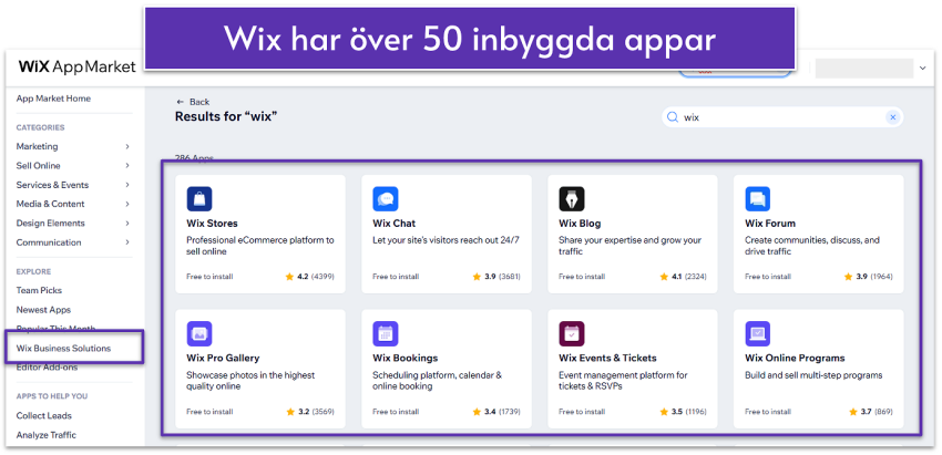 A list of Wix apps in Wix App Market