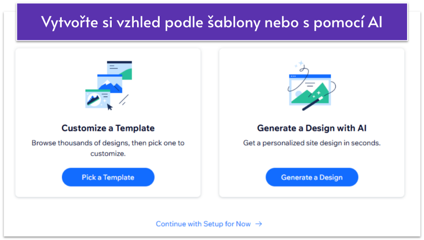 Wix's template setup menu with options to customize a template or generate a design with AI