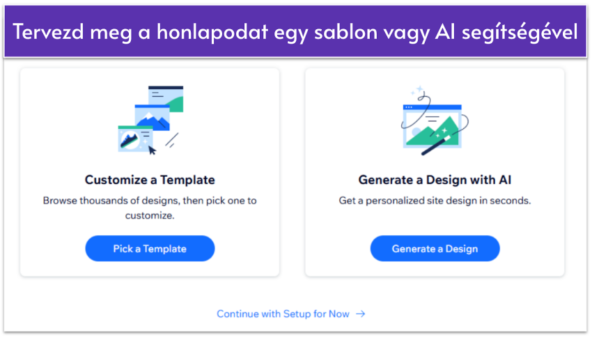 Wix's template setup menu with options to customize a template or generate a design with AI