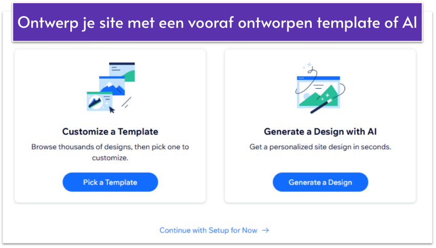 Wix's template setup menu with options to customize a template or generate a design with AI