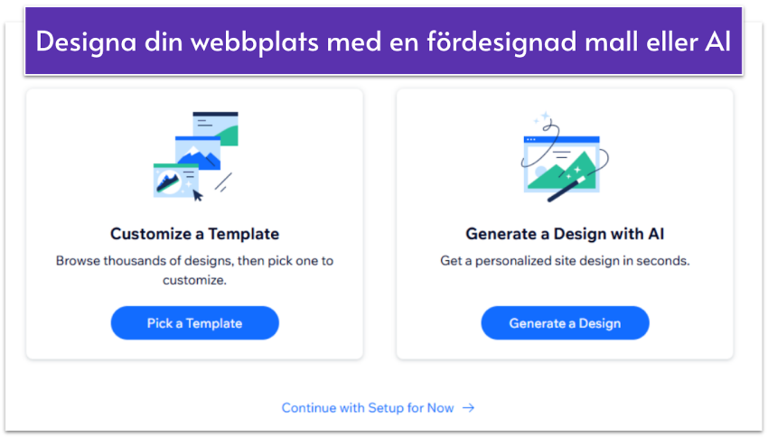 Wix's template setup menu with options to customize a template or generate a design with AI