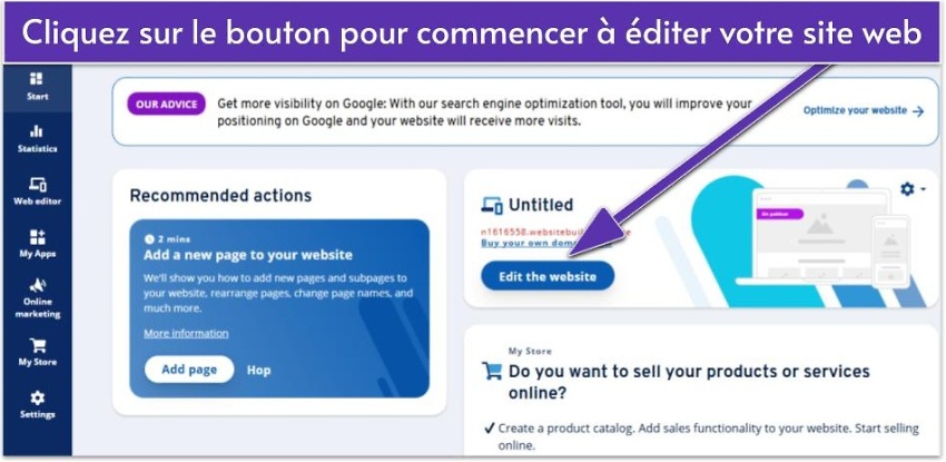 Cliquez sur le bouton pour commencer à éditer votre site web