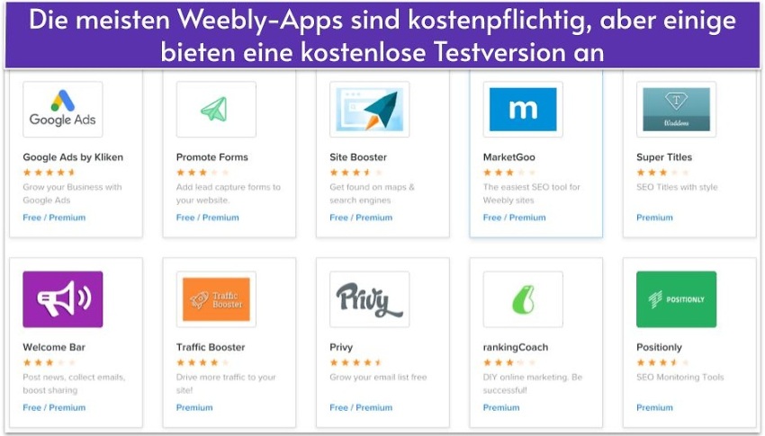 Die meisten Weebly-Apps sind kostenpflichtig, aber einige bieten eine kostenlose Testversion an