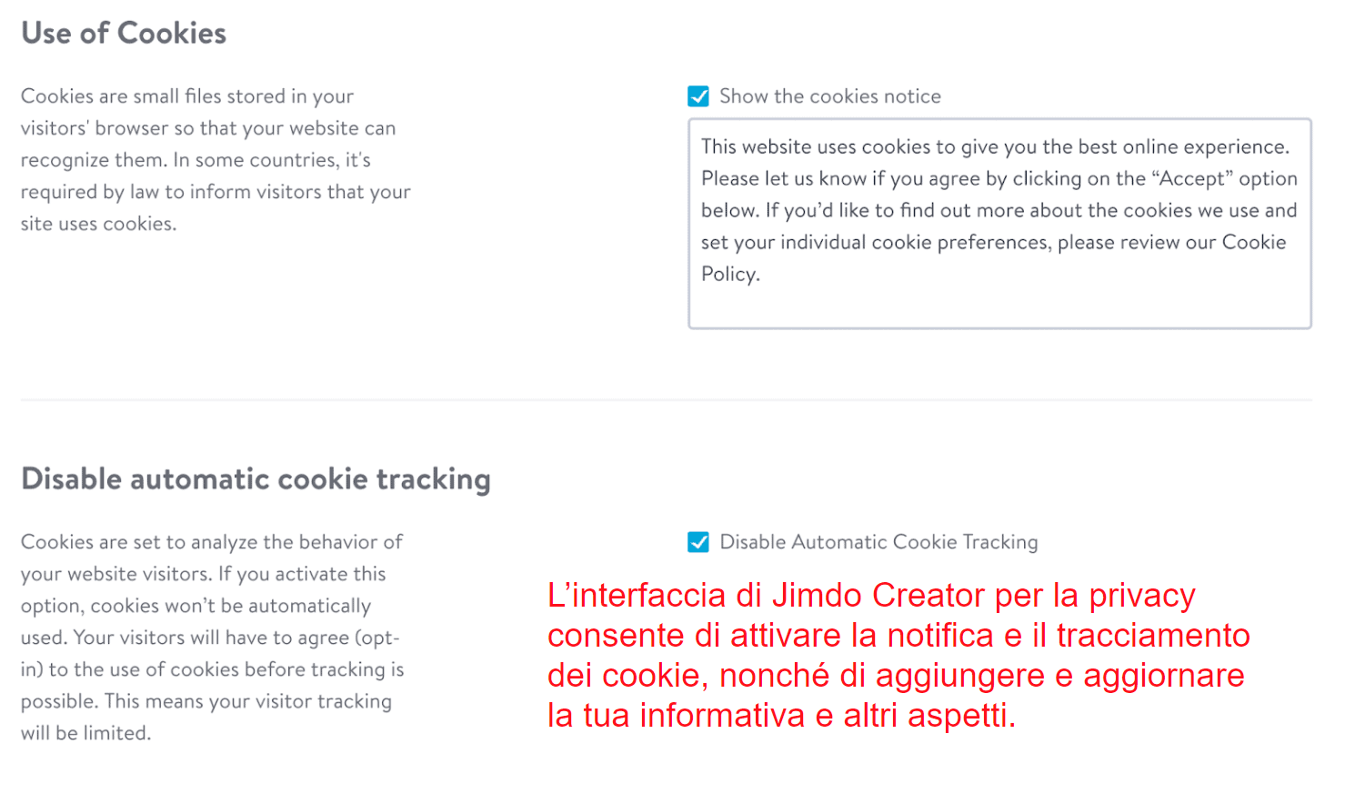 Privacy policy interface - Jimdo Creator