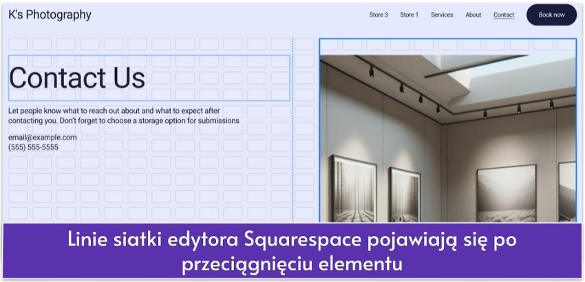 Linie siatki edytora Squarespace pojawiają się po przeciągnięciu elementu