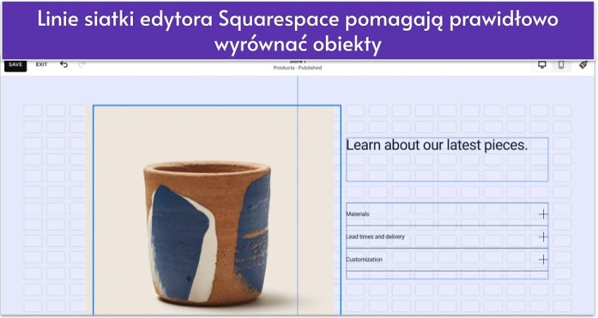 Linie siatki edytora Squarespace pomagają prawidłowo wyrównać obiekty