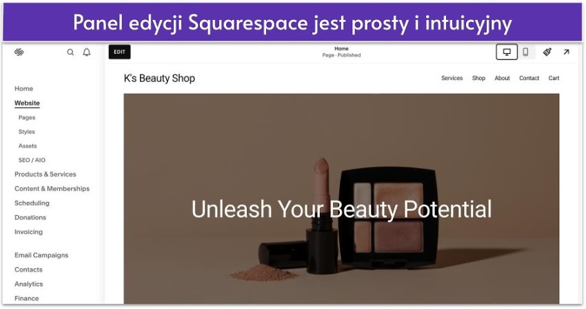 Panel edycji Squarespace jest prosty i intuicyjny