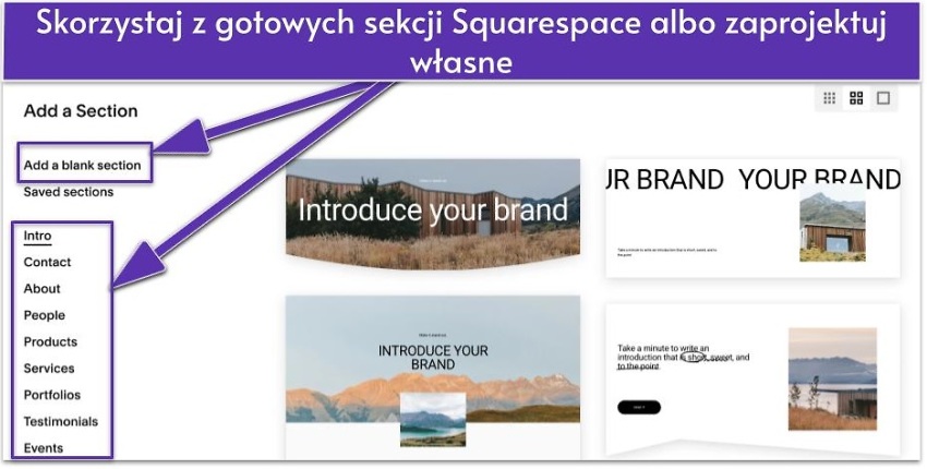 Skorzystaj z gotowych sekcji Squarespace albo zaprojektuj własne