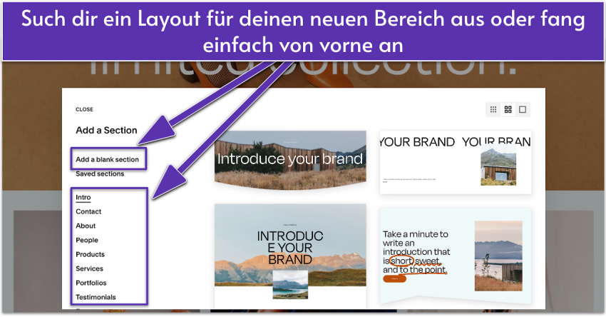 Adding the section in Squarespace editor