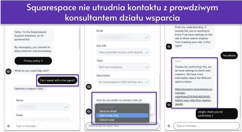 Squarespace nie utrudnia kontaktu z prawdziwym konsultantem działu wsparcia