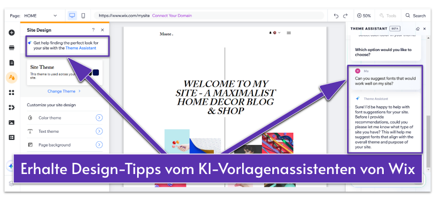 Designing a website using Wix AI Theme Assistant