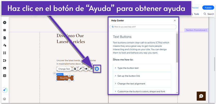 Botón de ayuda del editor de Wix