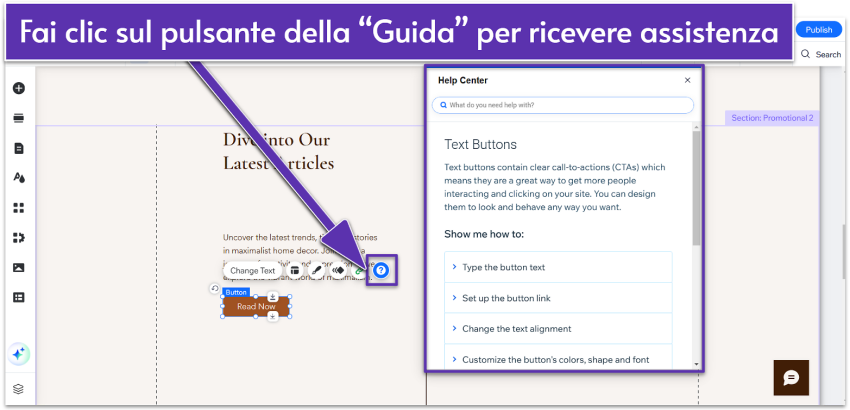 Pulsante della guida nell’editor di Wix