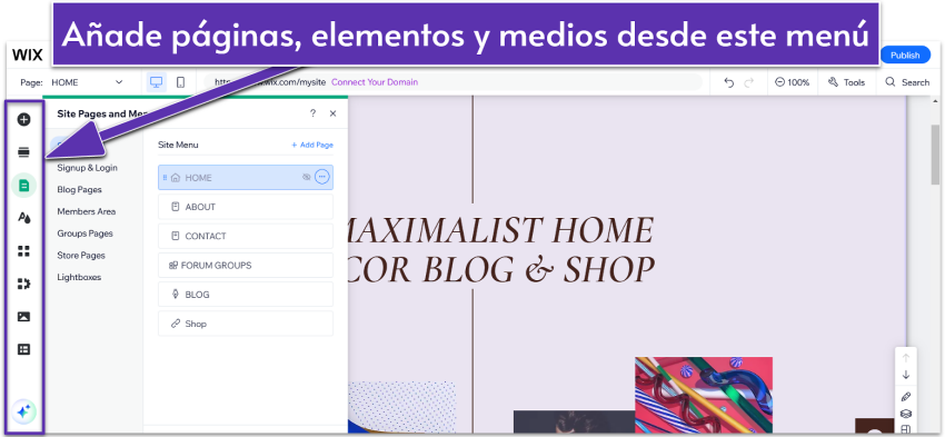 Barra lateral izquierda del editor de Wix con opciones de personalización