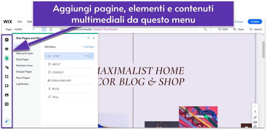 Barra laterale sinistra dell’editor di Wix, contenente le opzioni di personalizzazione