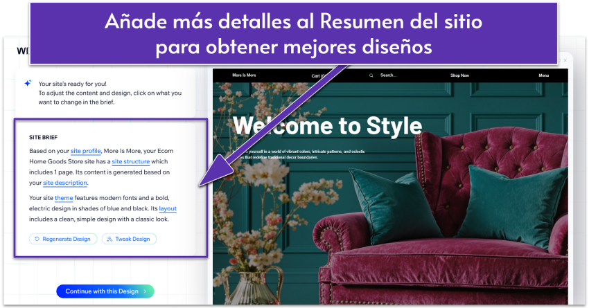 Resumen del sitio del creador de páginas web con IA de Wix