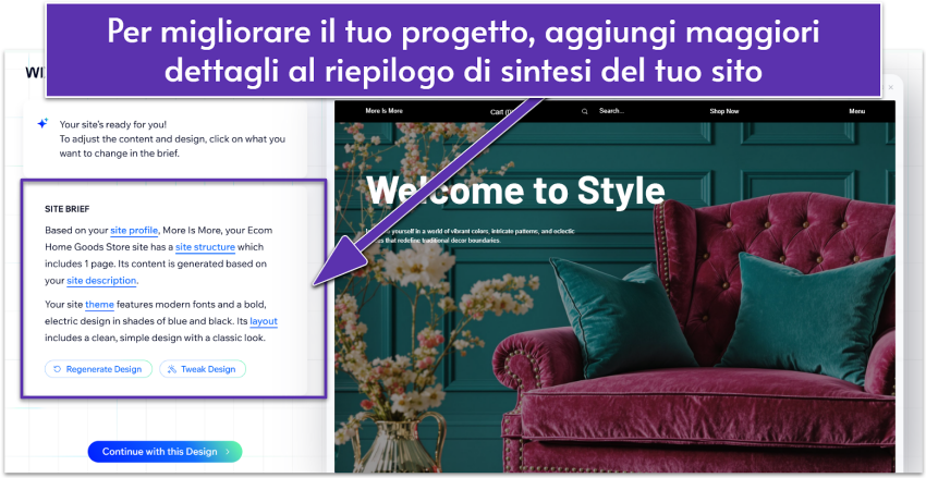 Riepilogo sintetico del sito nell’AI Website Builder di Wix