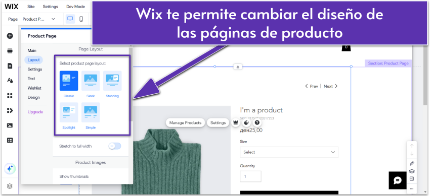 Diseños de página de producto de Wix