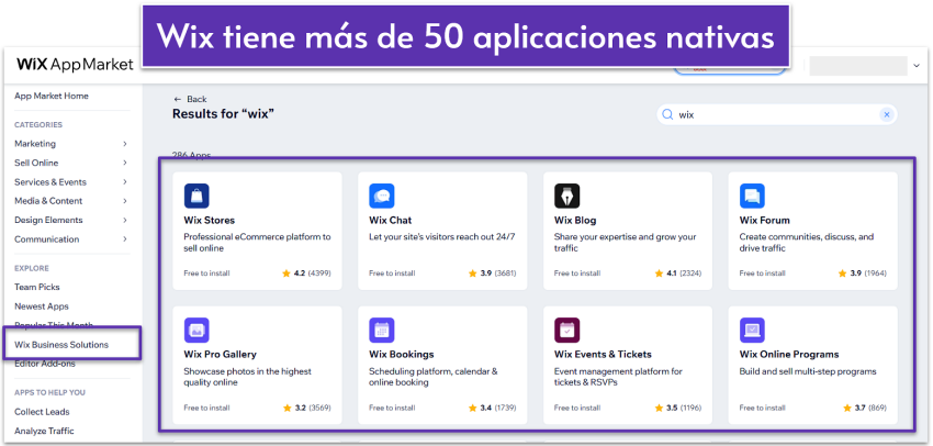 Lista de aplicaciones de Wix en Wix App Market