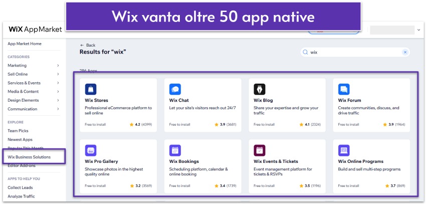 Un elenco delle app Wix nell’App Market di Wix