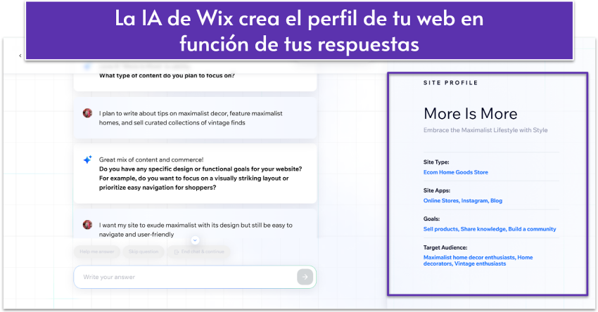 Perfil de la web generado por la IA de Wix