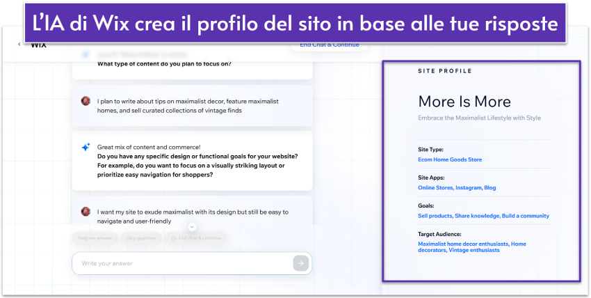Il profilo del sito generato dall’intelligenza artificiale di Wix