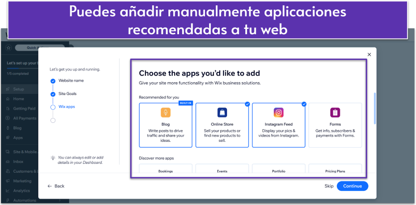 Aplicaciones recomendadas por Wix durante la configuración