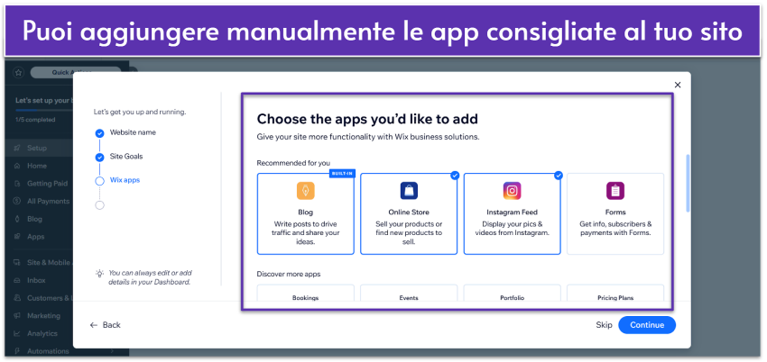 Le app consigliate da Wix durante la configurazione