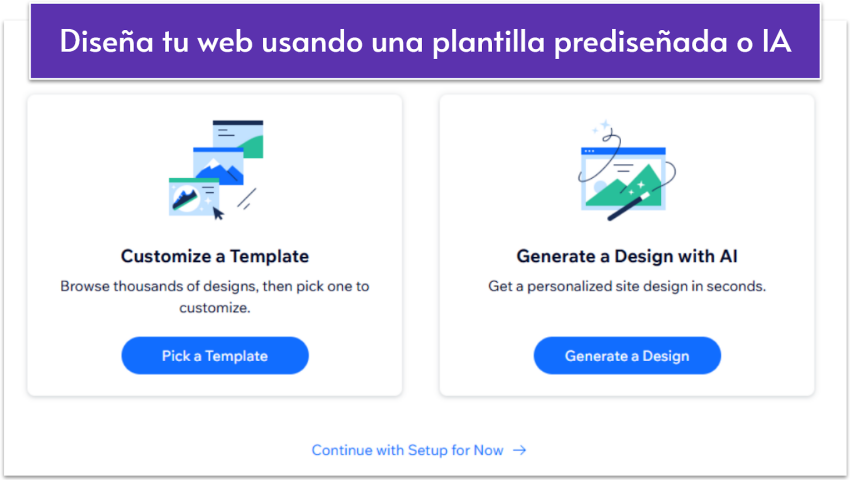 Menú de configuración de plantillas de Wix con opciones para personalizar una plantilla o generar un diseño con IA